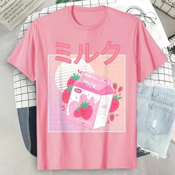 women's blouses & shirts japan strawberry juice graphic print t-shirt women 2021 summer fashion tshirt tee harajuku aesthetic pink fema, White